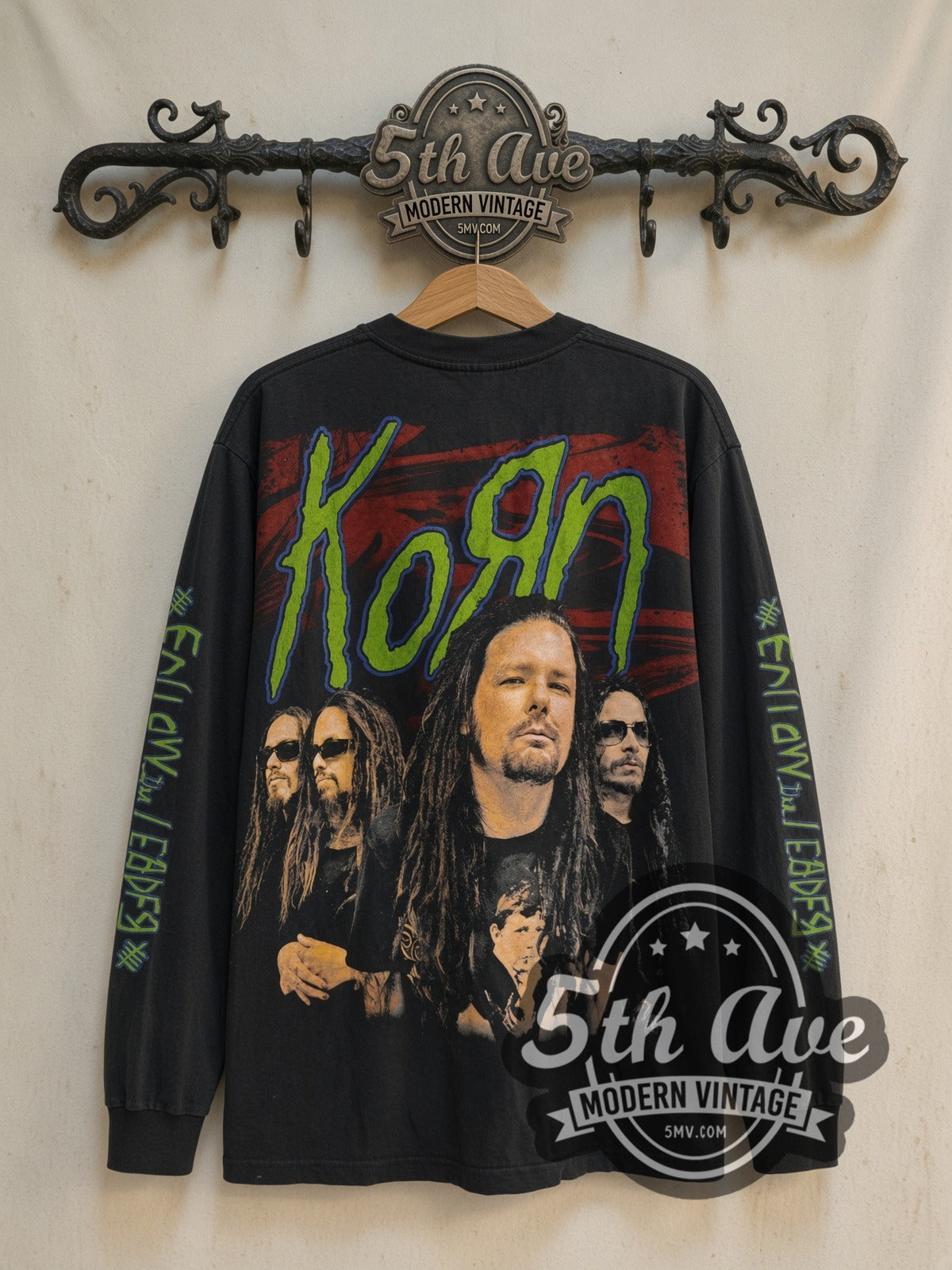 Korn Follow the Leader Hopscotch and Band Photo Long Sleeve vintage band t-shirt back on cream 5th Ave rack