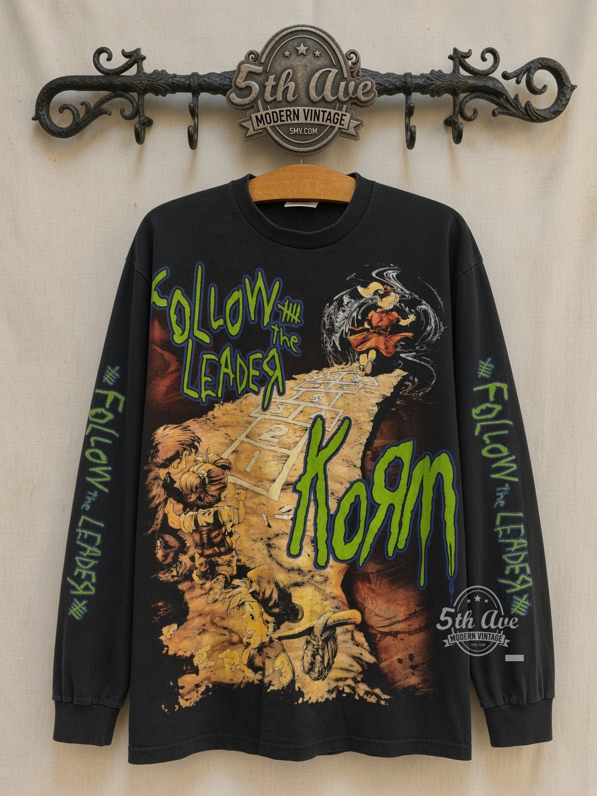 Korn Follow the Leader Hopscotch and Band Photo Long Sleeve vintage band t-shirt front on cream 5th Ave rack