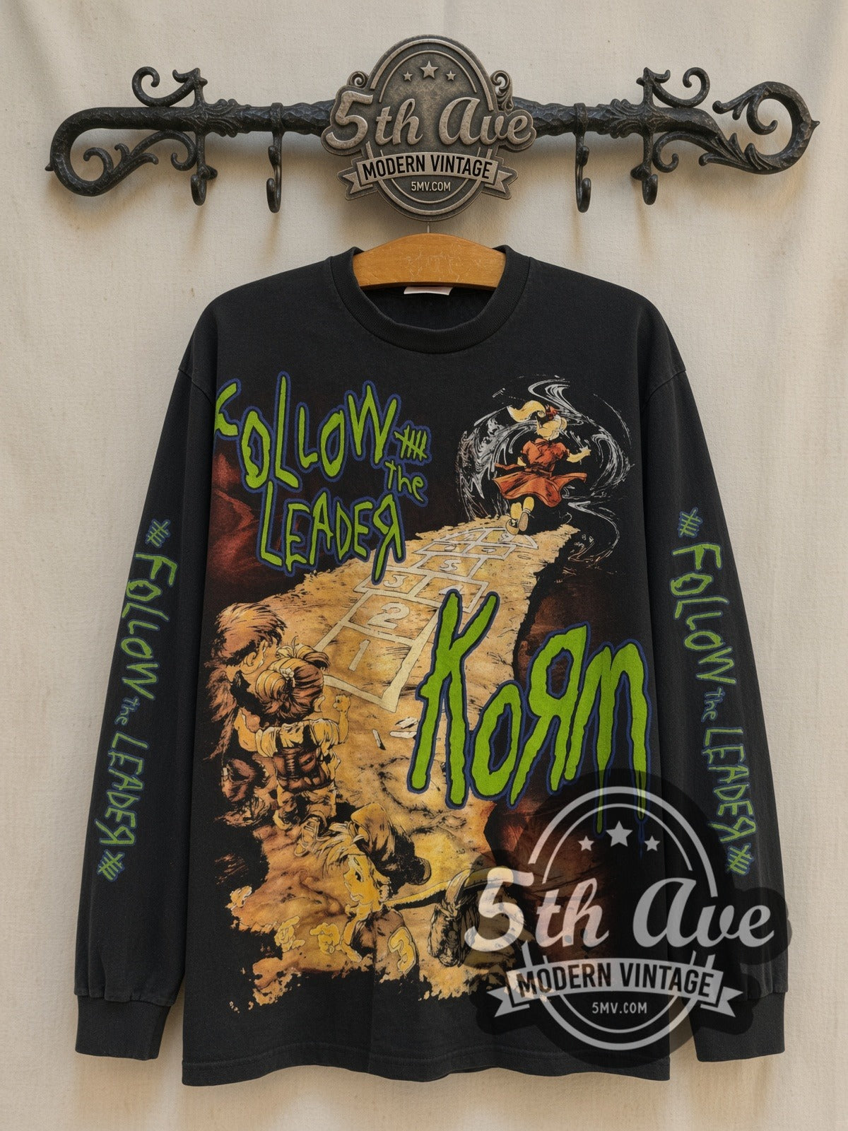 Korn Follow the Leader Hopscotch and Band Photo Long Sleeve vintage band t-shirt front on cream 5th Ave rack