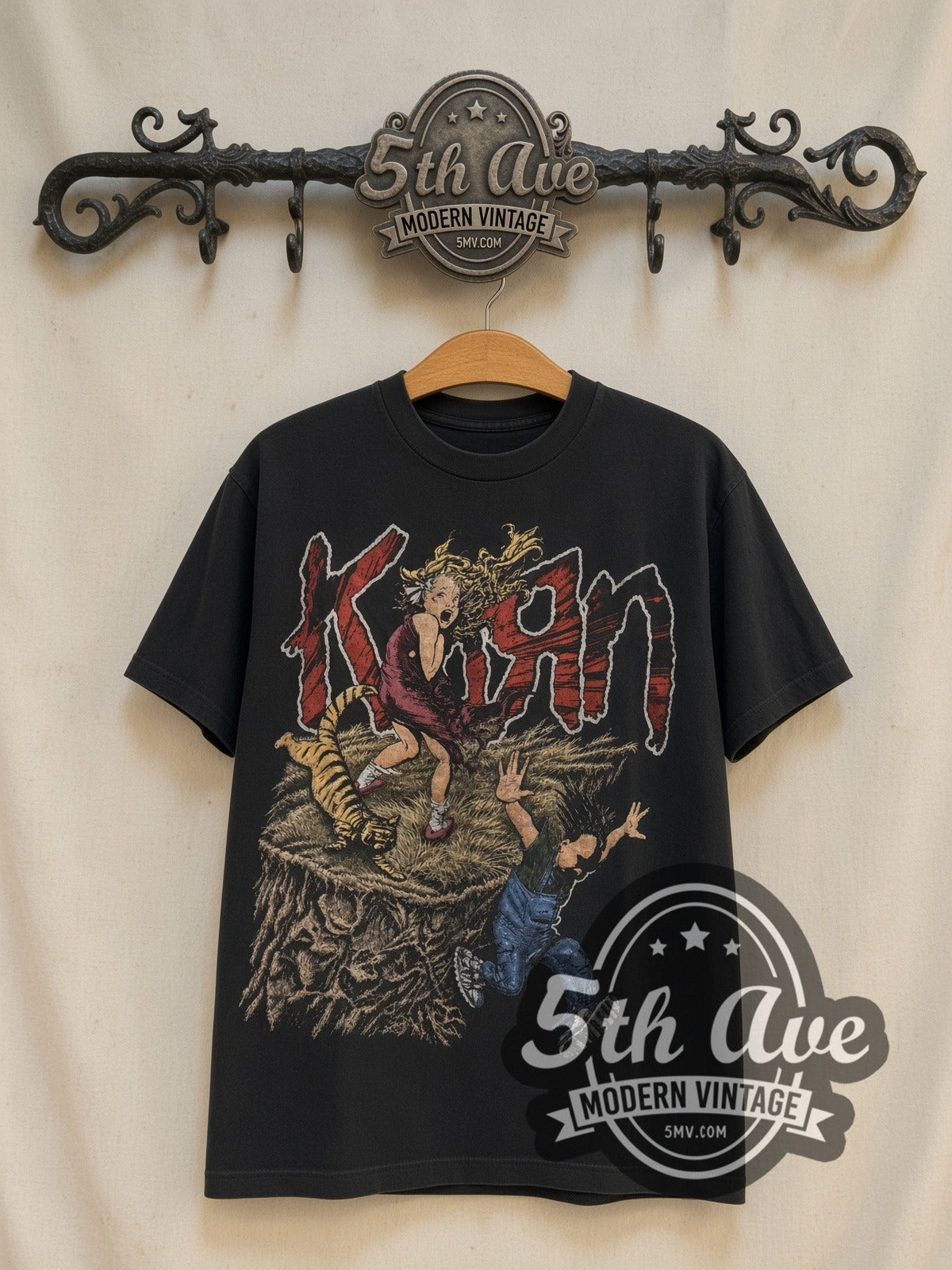 Korn Girl, Tiger and Upside-Down Boy City vintage band t-shirt front on cream 5th Ave rack