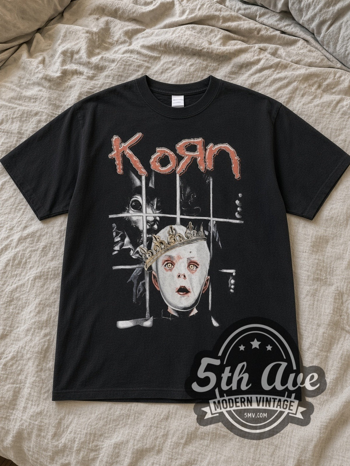 Black Korn See You on the Other Side Vintage Band T-Shirt laid flat on a linen bed