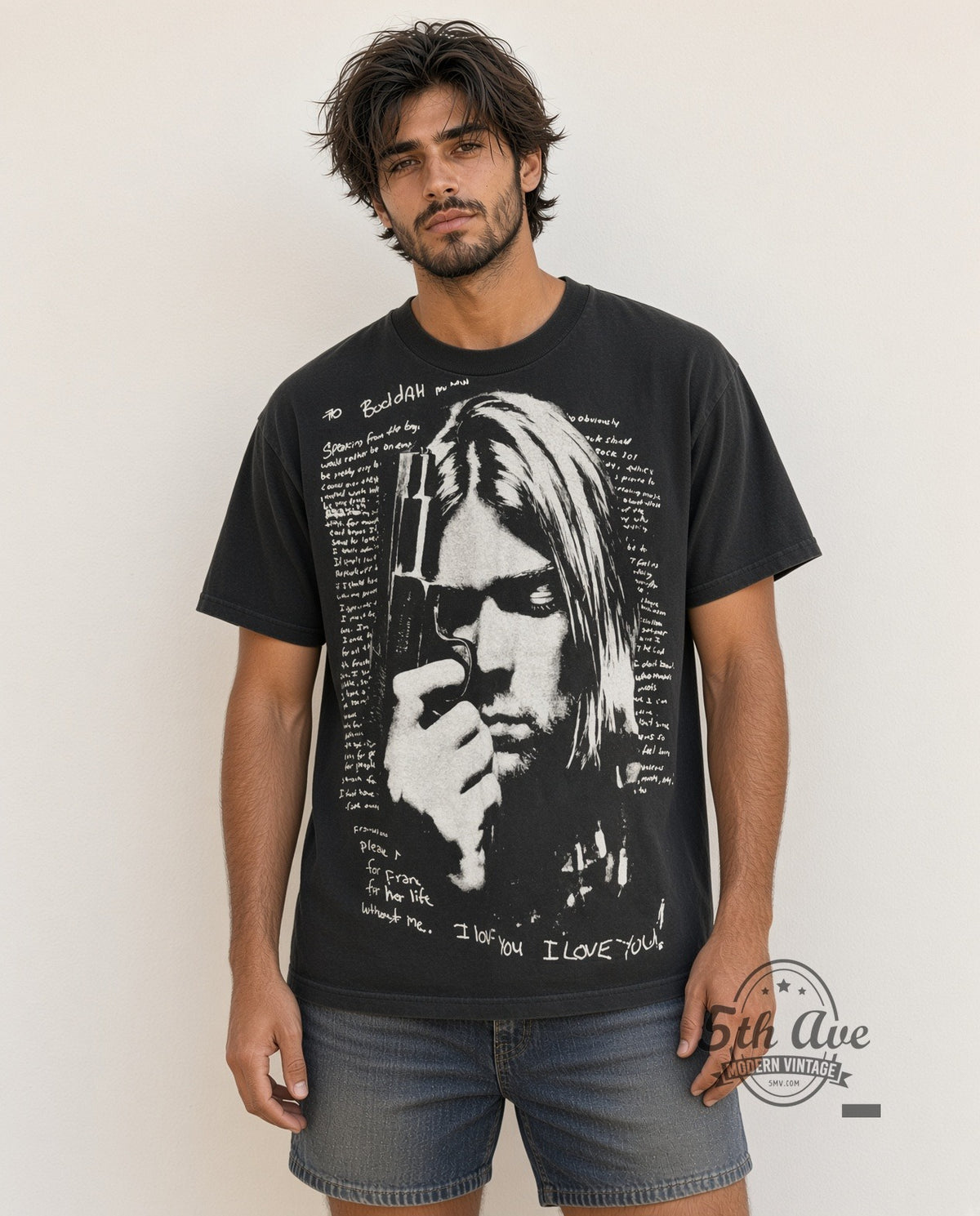 Model wearing Kurt Cobain Boddah Letter Bullets 1967-1994 vintage band t-shirt