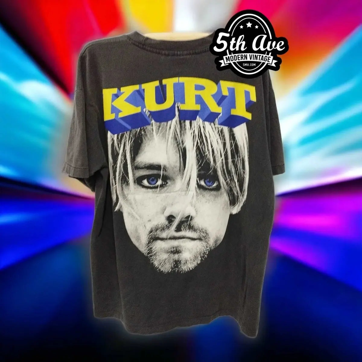 Kurt Cobain Memorial T-Shirt: Iconic Portrait with Blue Eyes on Back, 3D Lettering, Soft Single-Stitch Crewneck, 30-Day Satisfaction Guarantee - Vintage Band Shirts