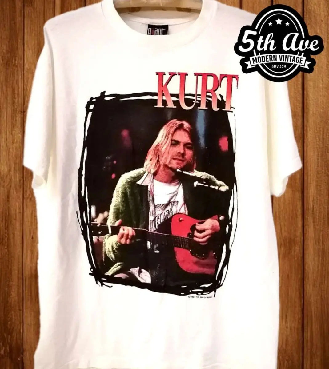Kurt Cobain playing guitar: Nirvana t shirt with Giant Tag - Vintage Band Shirts