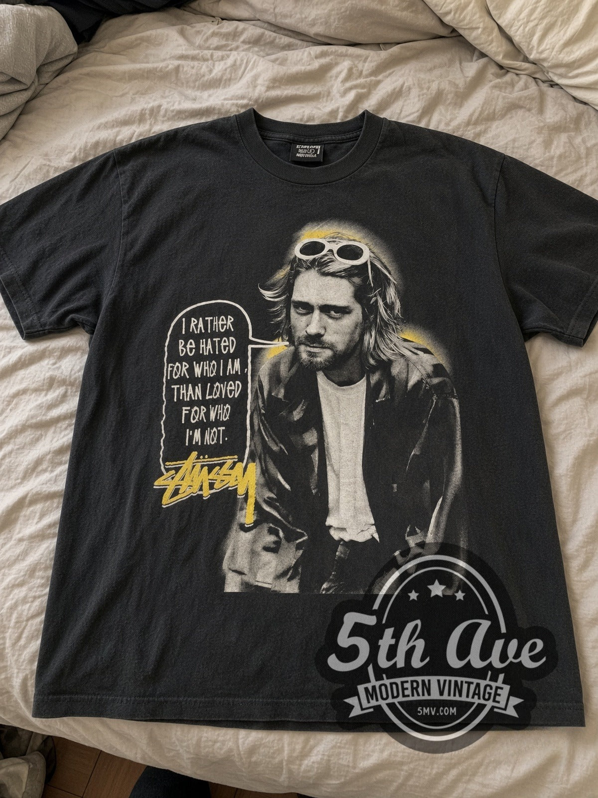 Kurt Cobain Stussy Halo Quote vintage band tee laid flat