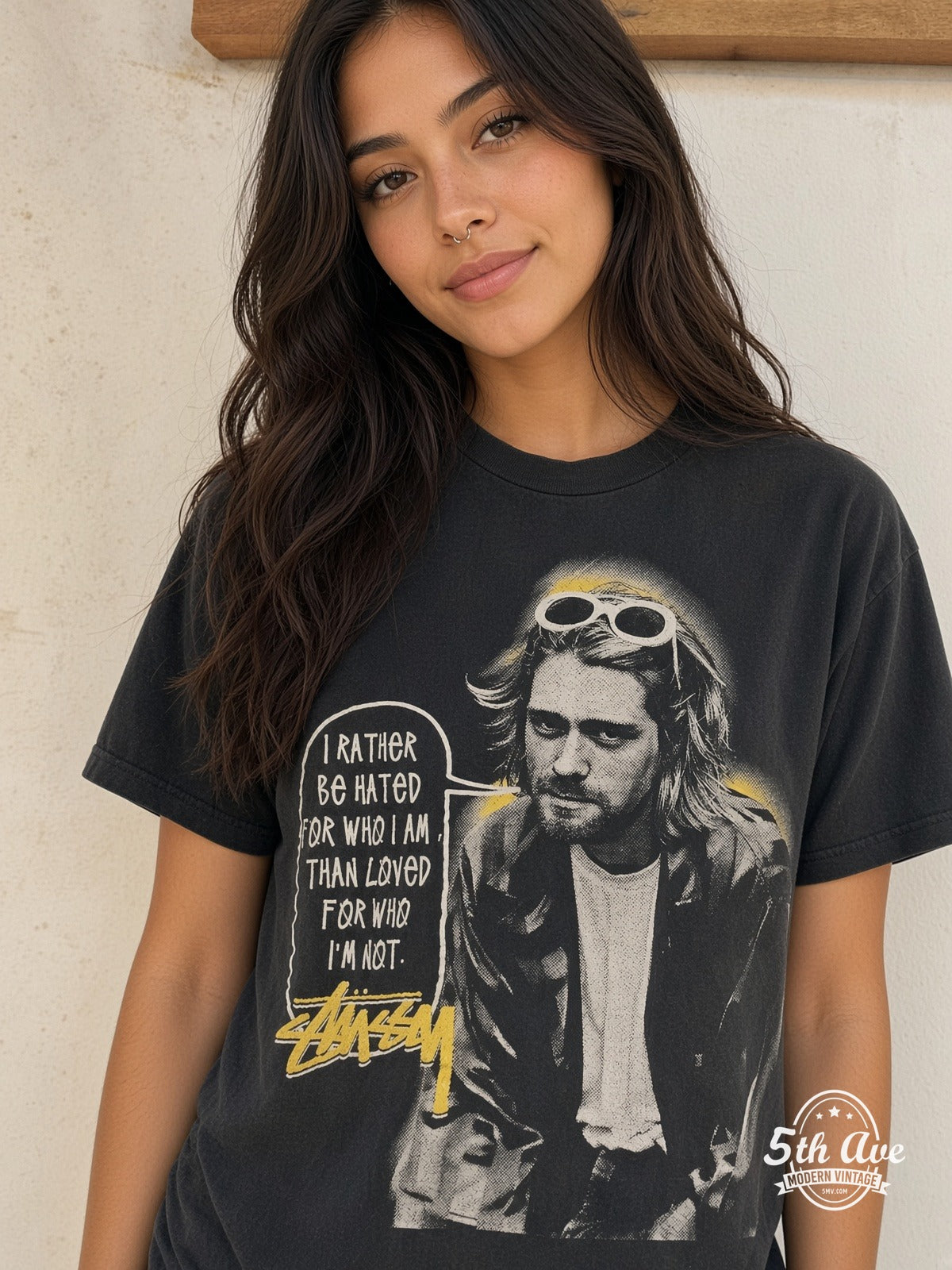 Model wearing Kurt Cobain Stüssy Halo Quote vintage t-shirt