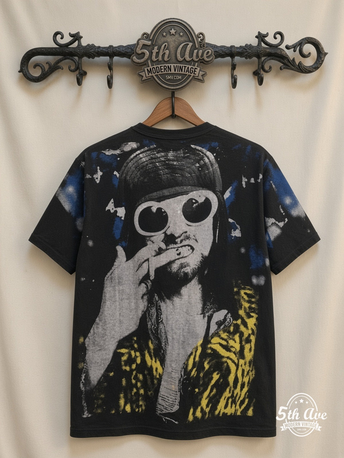 Kurt Cobain Sunglasses Leopard all over print vintage tee back on cream 5th Ave rack