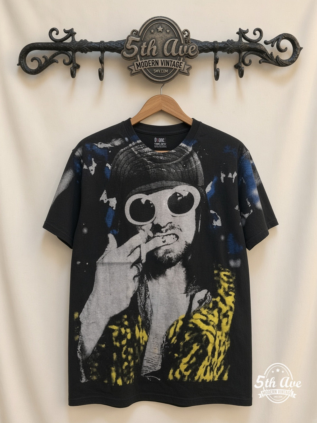 Kurt Cobain Sunglasses Leopard all over print vintage band t-shirt front on cream 5th Ave rack