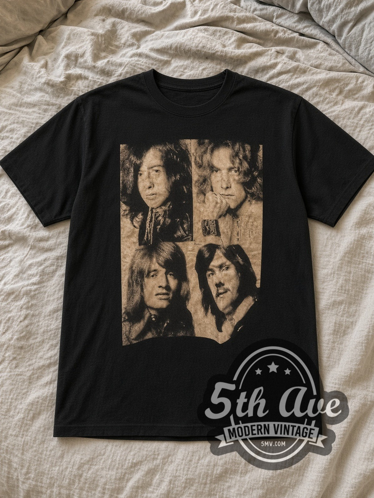 Black Led Zeppelin Four Members Portrait Vintage Band T-Shirt laid flat on a linen bed
