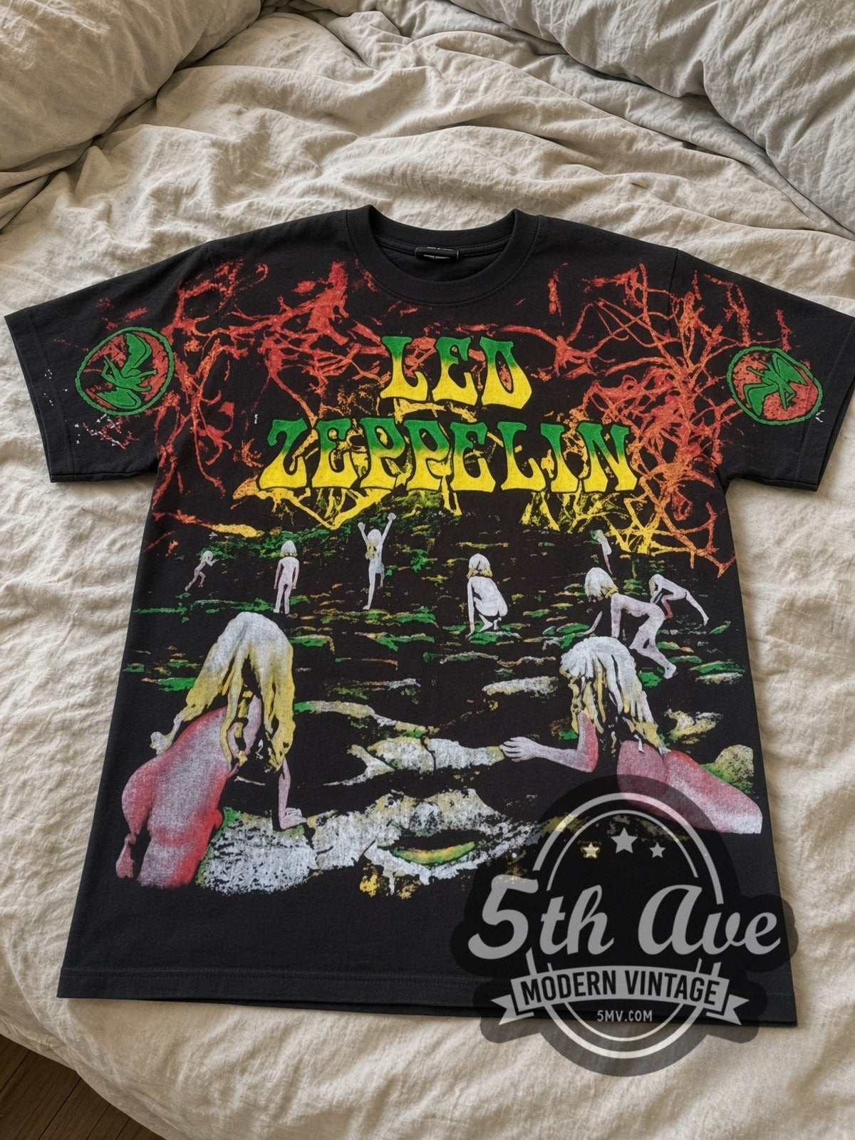 Led Zeppelin Houses of the Holy all-over-print vintage band tee laid flat