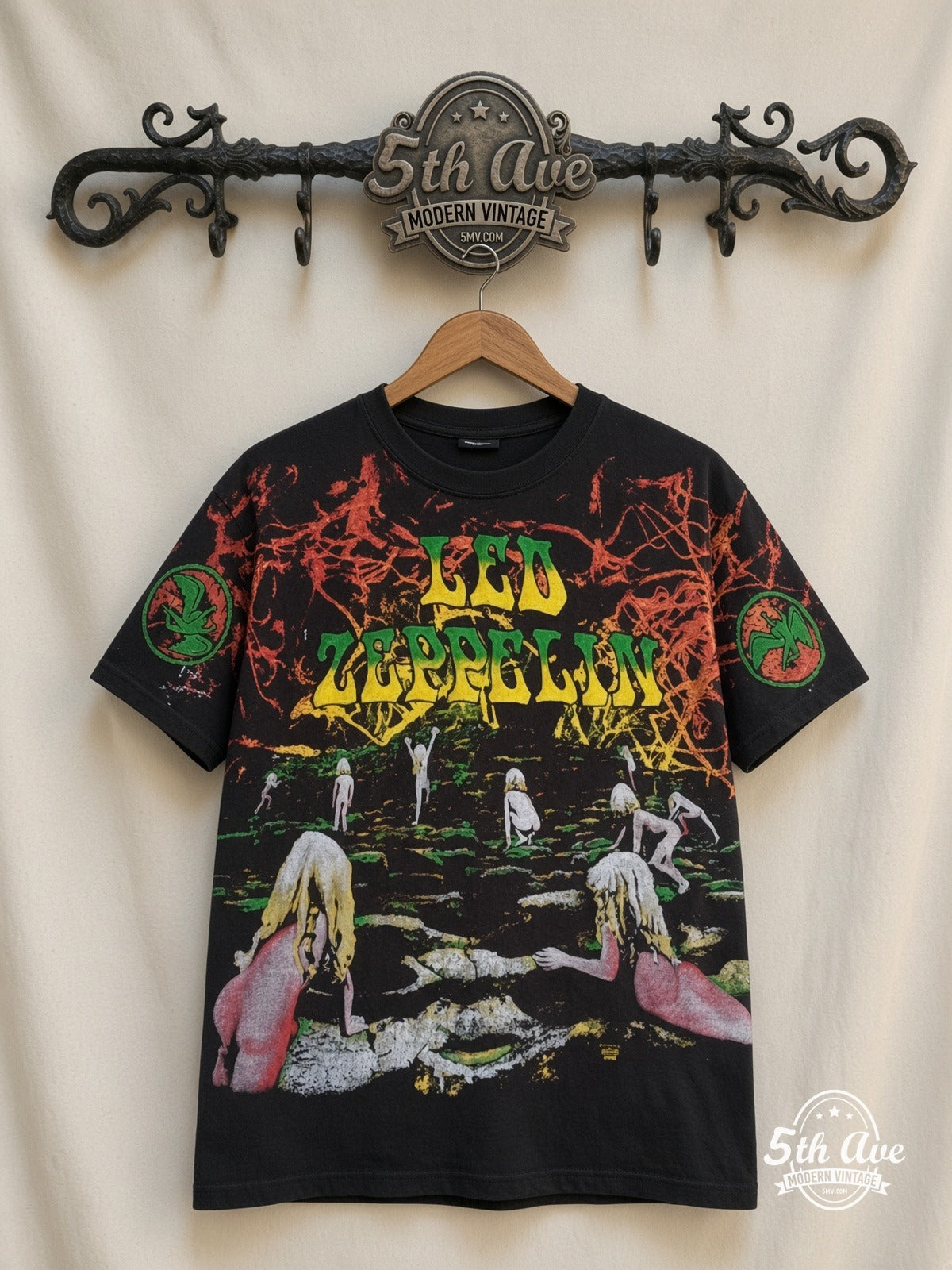 Led Zeppelin Houses of the Holy all over print vintage band t-shirt front on cream 5th Ave rack
