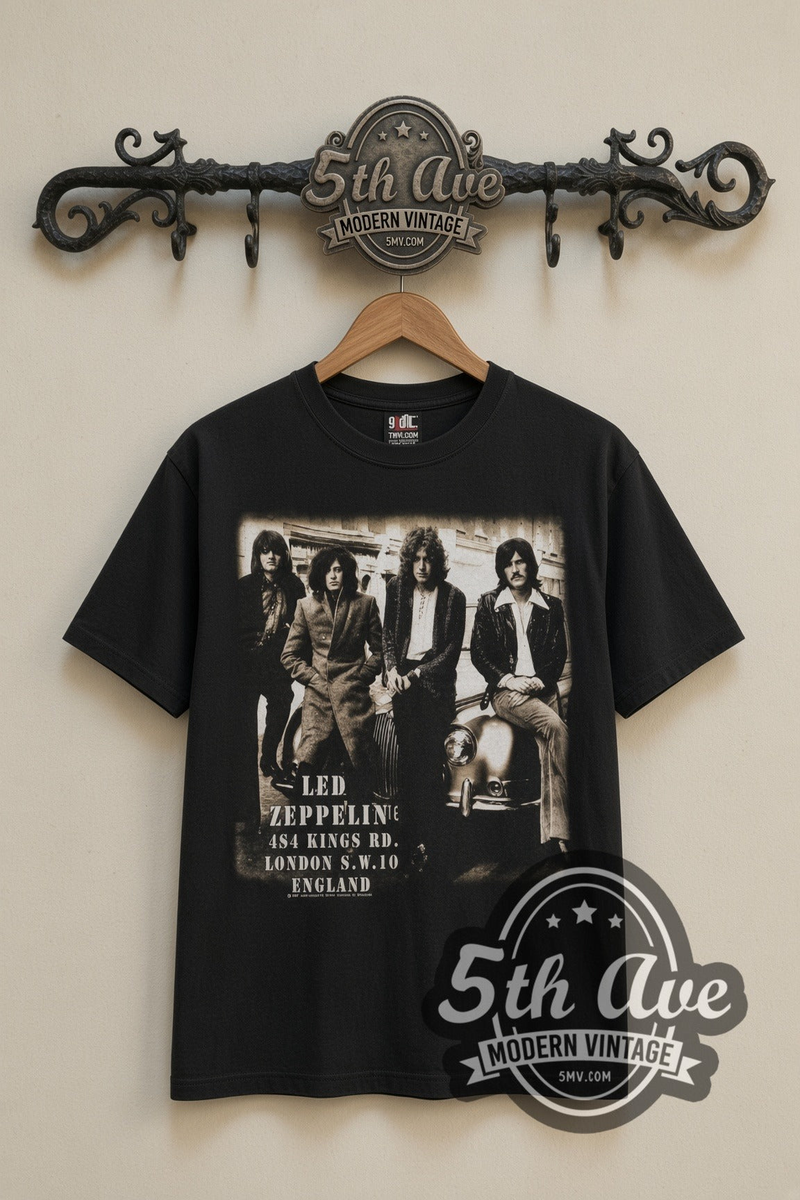 Led Zeppelin Starship Jet & Kings Rd Photo vintage band t-shirt in black, front view on a display rack