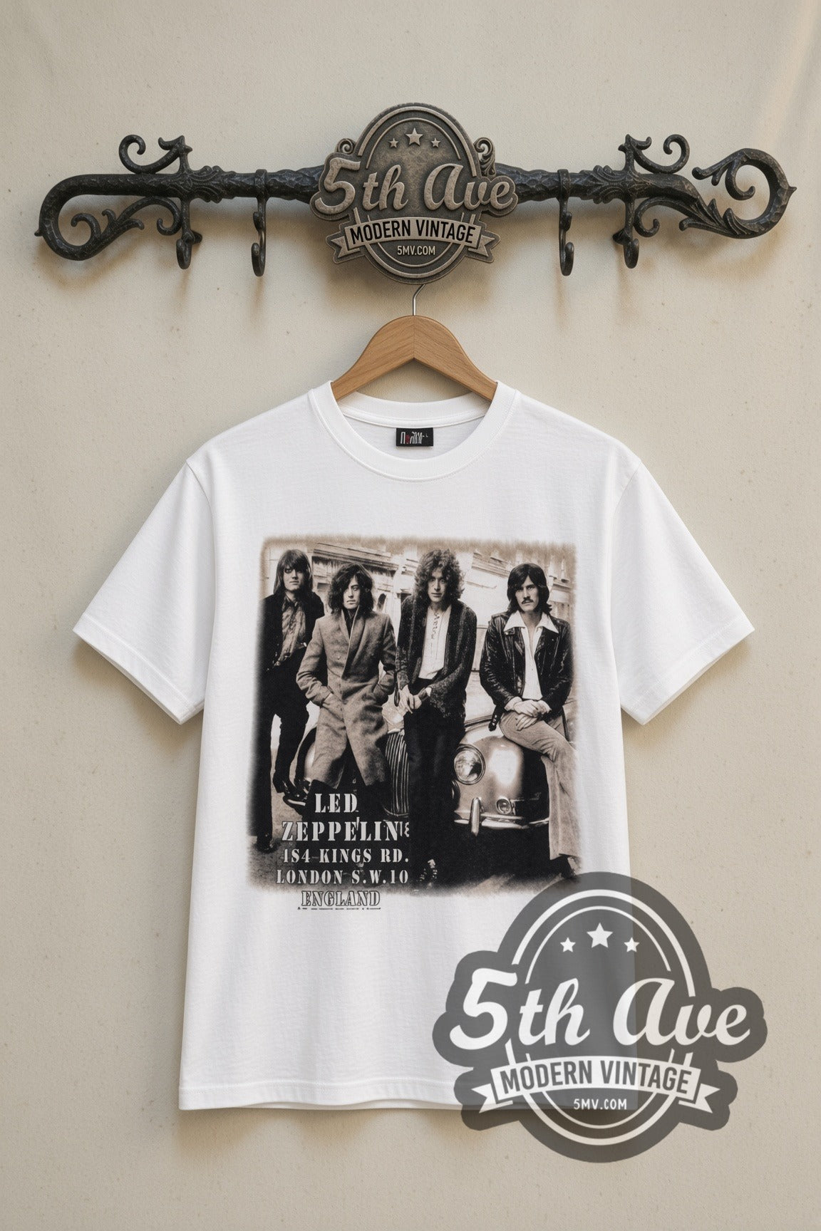 Led Zeppelin Starship Jet & Kings Rd Photo vintage band t-shirt in white, front view on a display rack