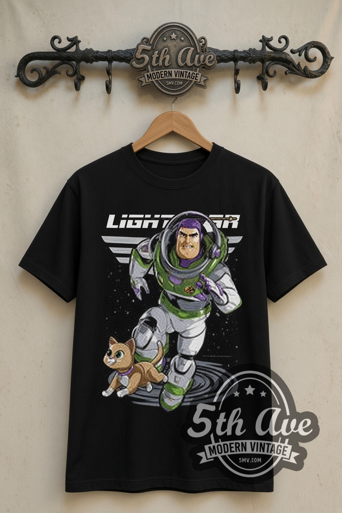 Lightyear Buzz and Sox double stitched black tee front on dark iron 5th Ave rack