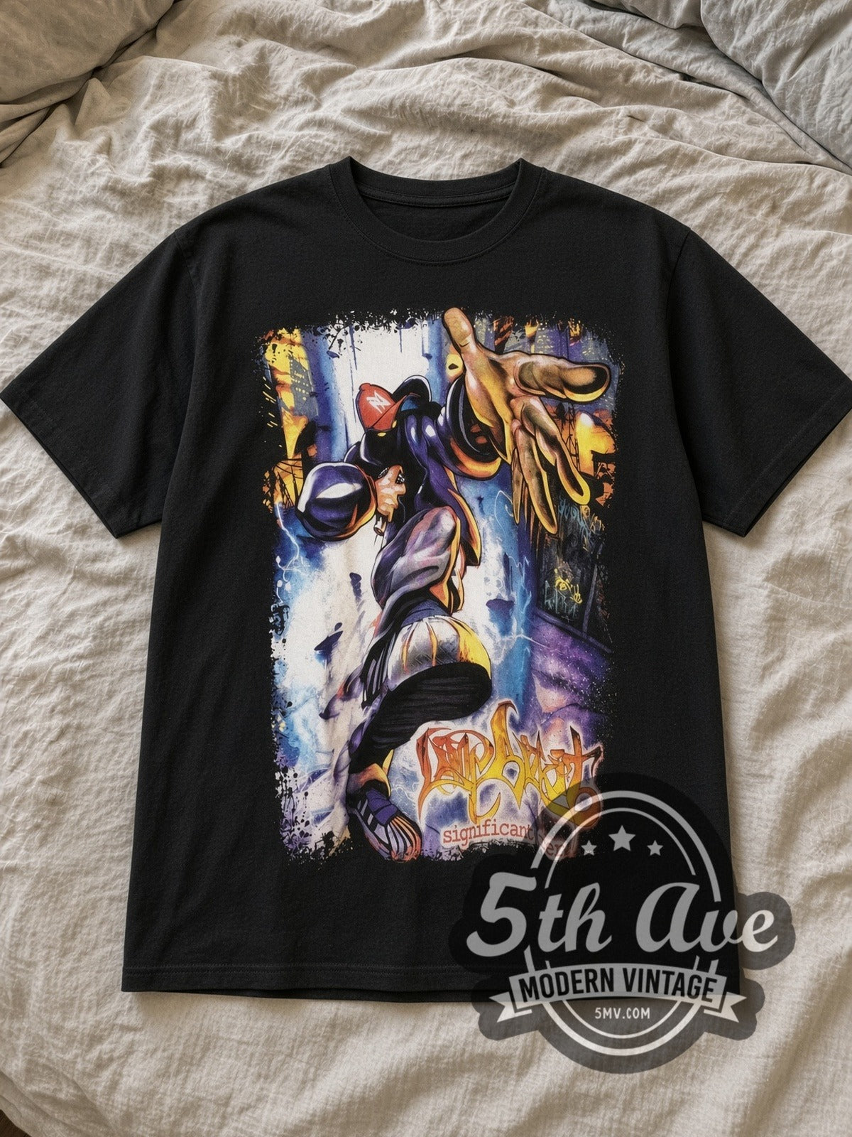 Black Limp Bizkit Significant Other Graffiti Character Vintage Band T-Shirt laid flat on a linen bed