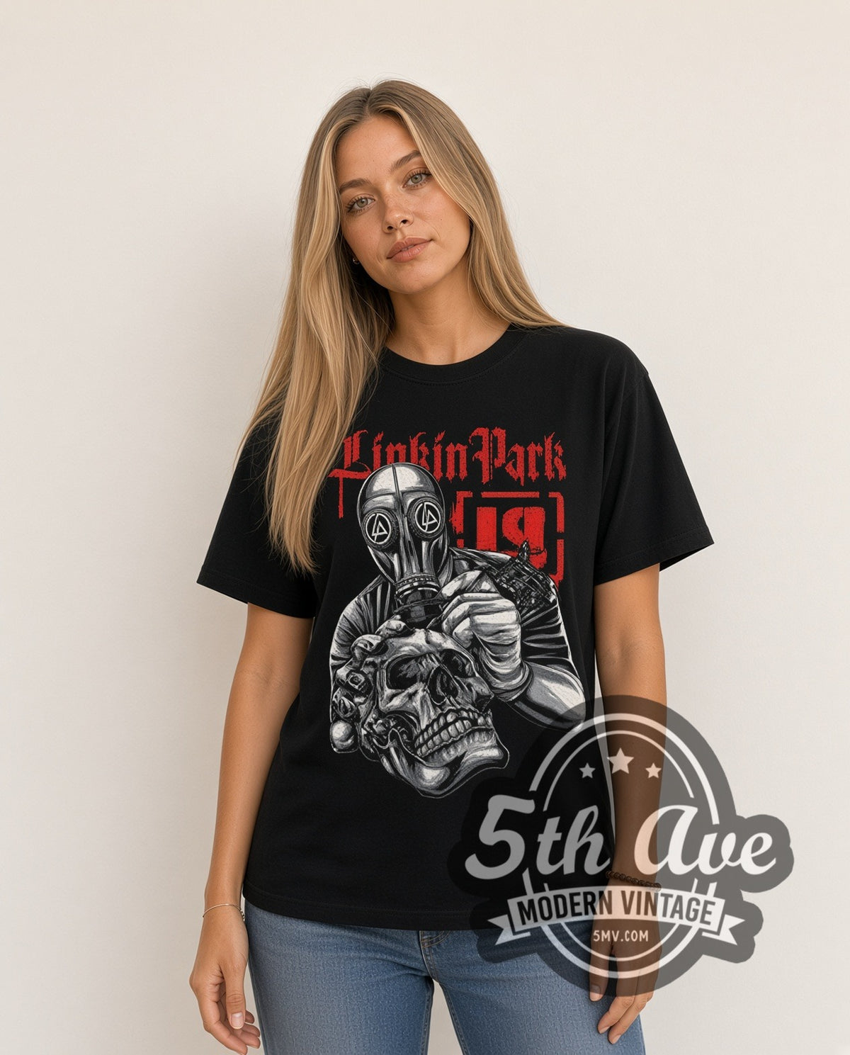 Woman wearing Linkin Park Gas Mask Soldier with Skull double stitched black graphic tee