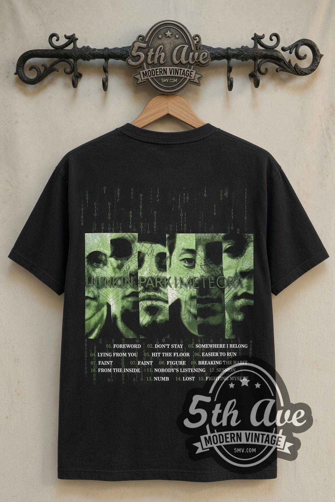 Back print of Linkin Park Meteora Spray Paint Photo & Tracklist tee on 5th Ave rack