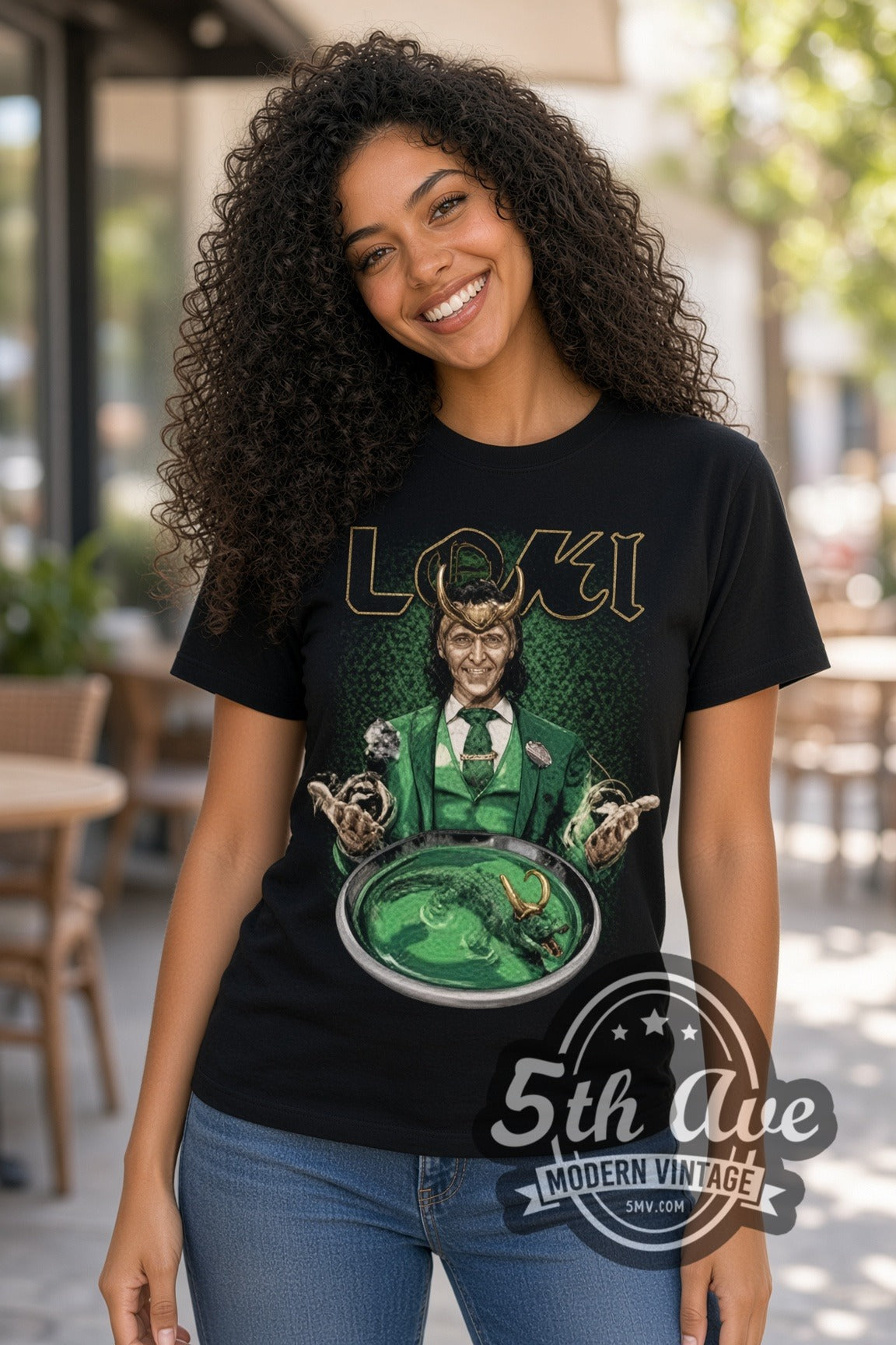 Woman wearing Loki Loki and Alligator Loki double stitched black graphic tee