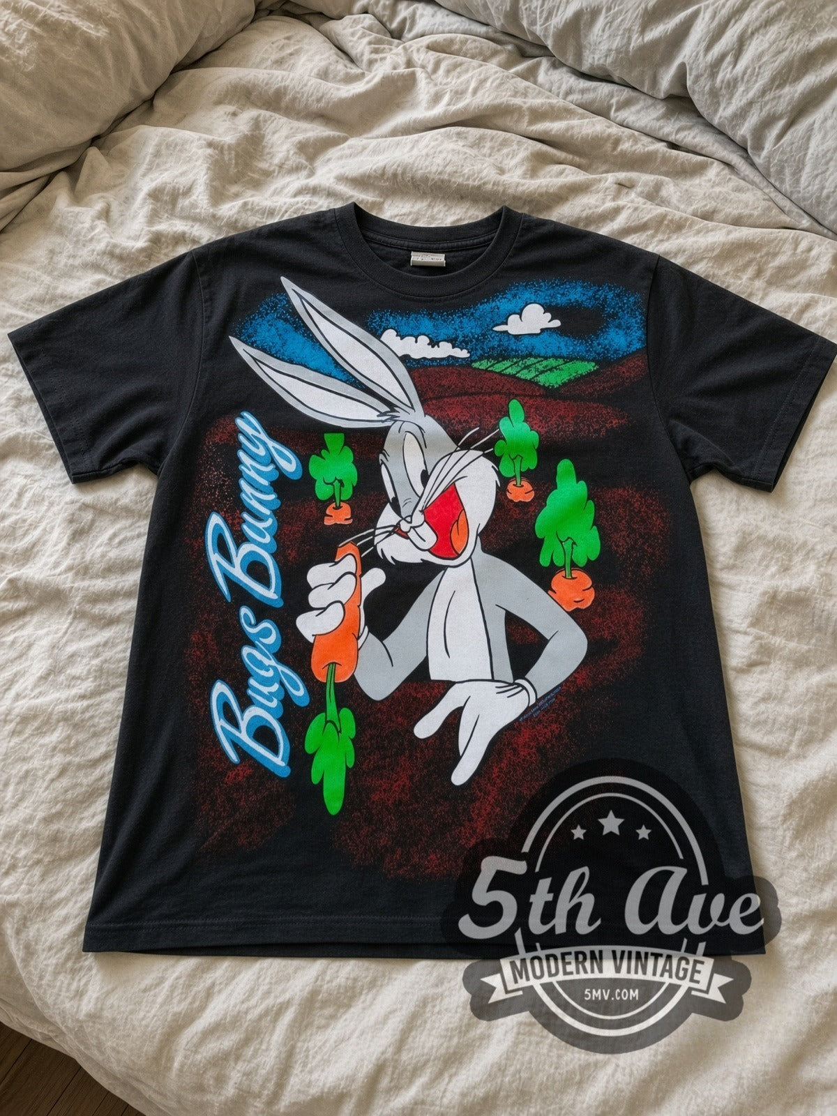 Looney Tunes Bugs Bunny Carrots all-over-print vintage cartoon tee in black laid flat