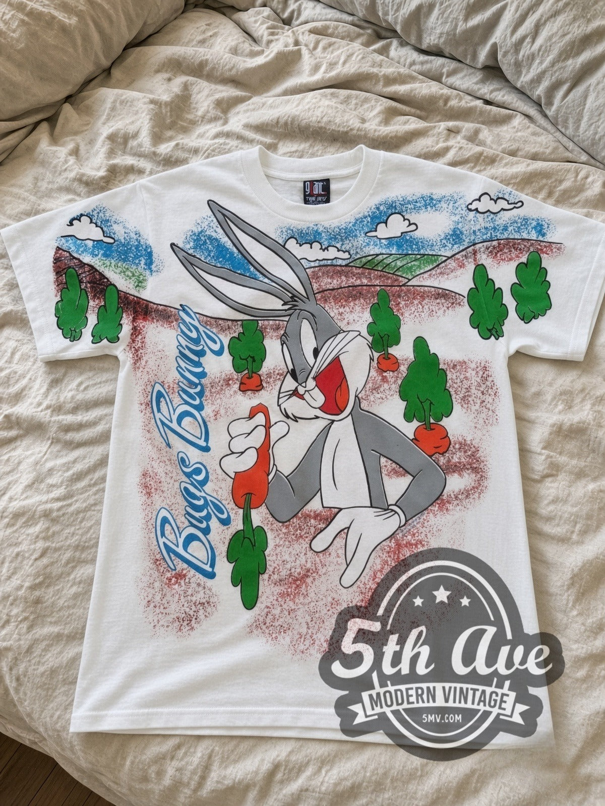 Looney Tunes Bugs Bunny Carrots all-over-print vintage cartoon tee in white laid flat