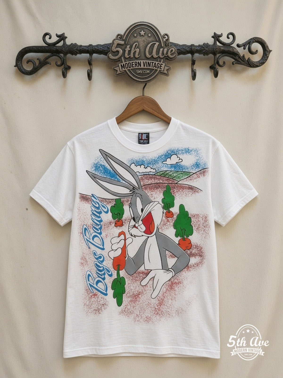 Looney Tunes Bugs Bunny Carrots Tough all over print vintage cartoon t-shirt front on cream 5th Ave rack