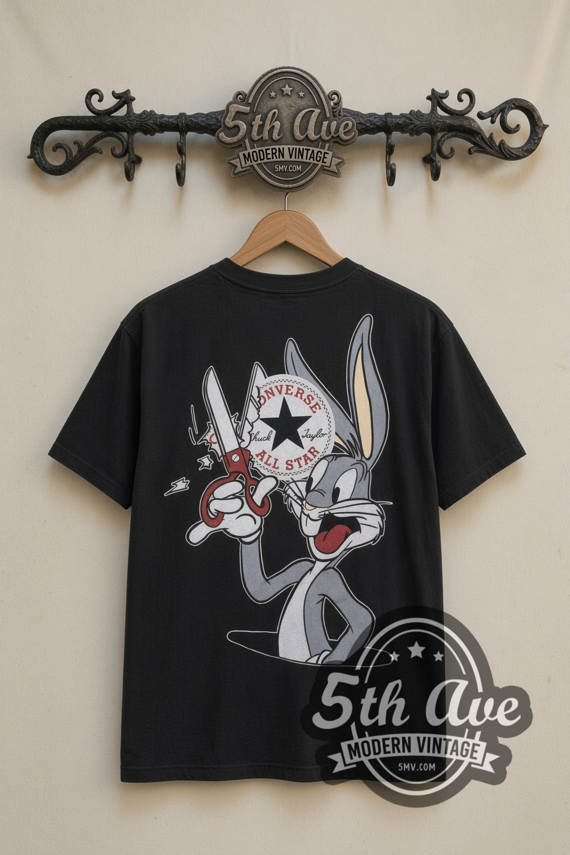 Looney Tunes Bugs Bunny Converse All Star cartoon tee in black, back view on a display rack