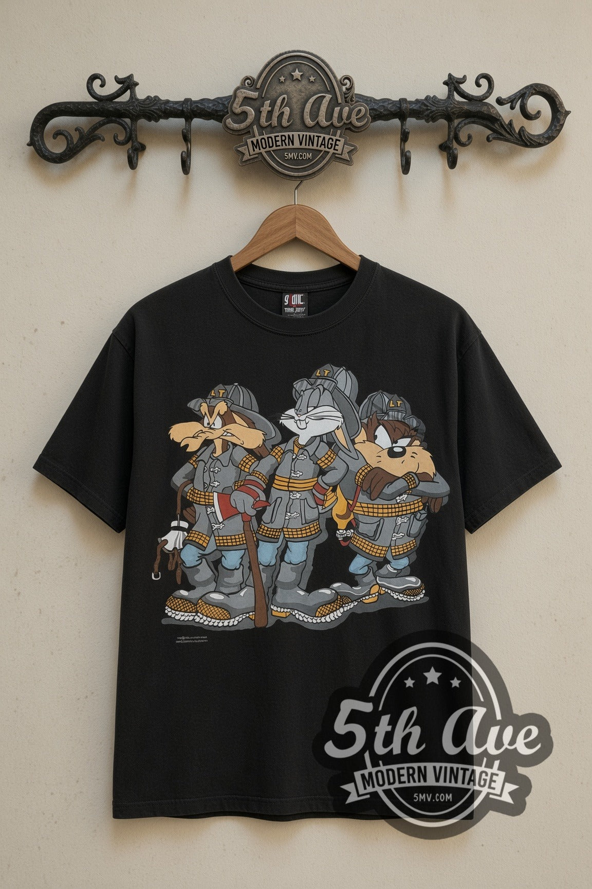 Looney Tunes Bugs Taz Ralph Wolf Firefighters cartoon tee in black, front view on a display rack