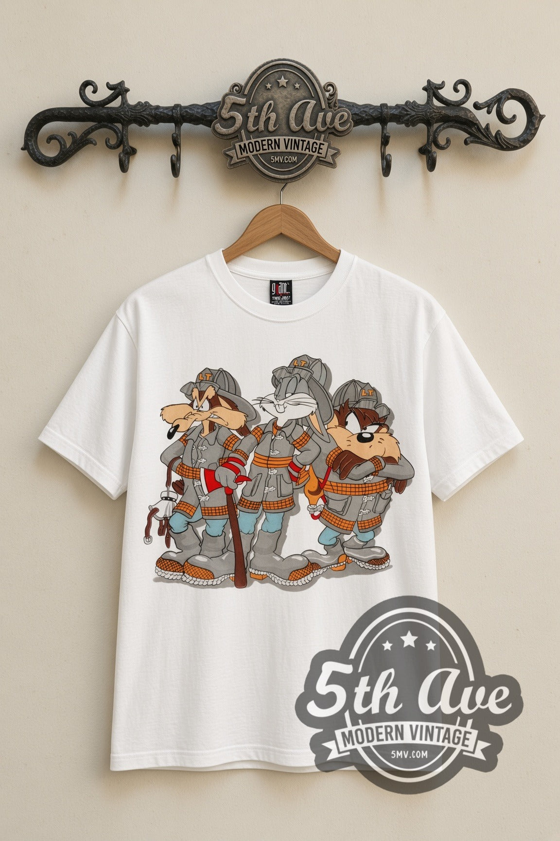 Looney Tunes Bugs Taz Ralph Wolf Firefighters cartoon tee in white, front view on a display rack