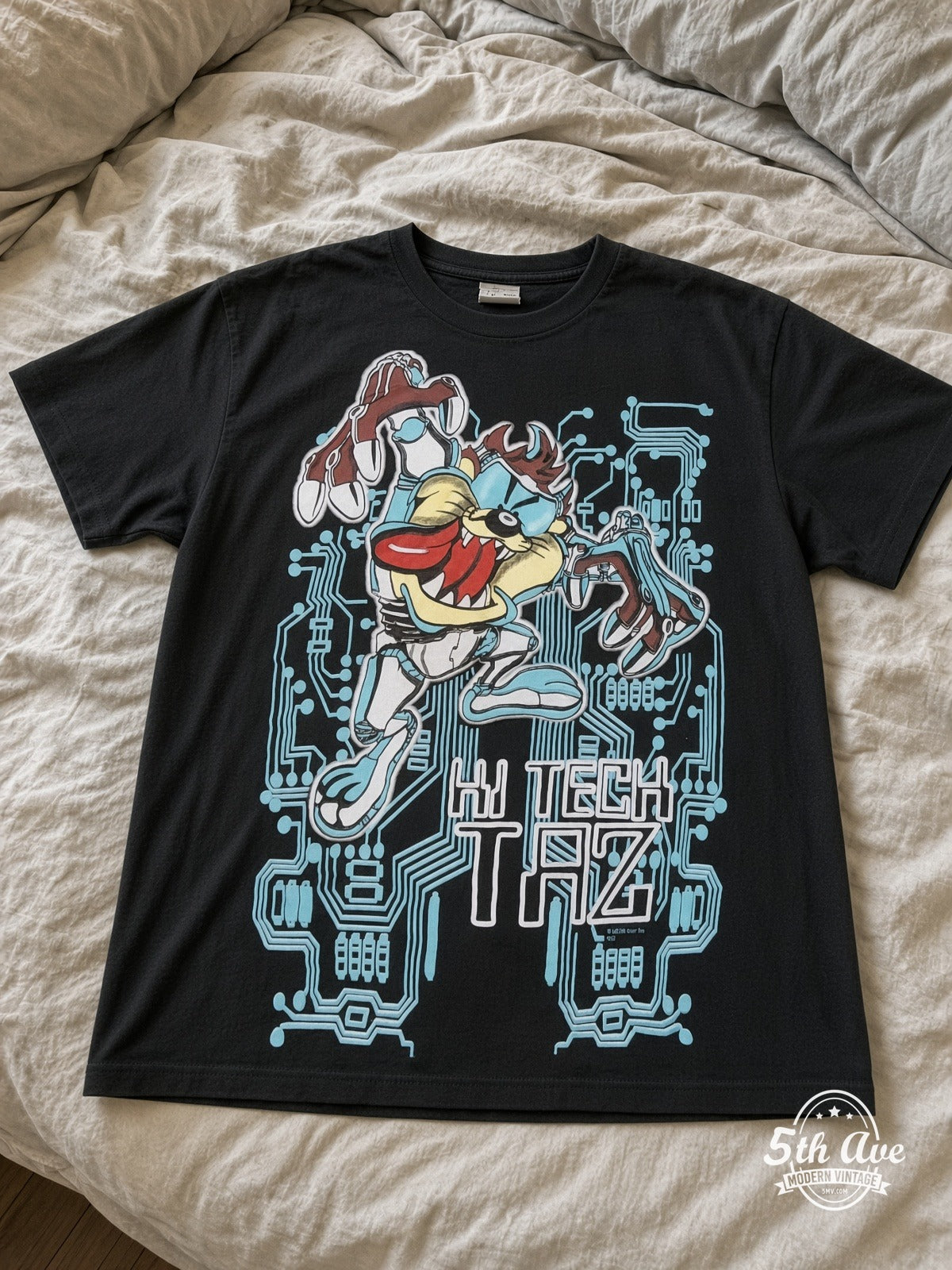 Looney Tunes Bugs Bunny Tech Blueprint vintage tee laid on bed