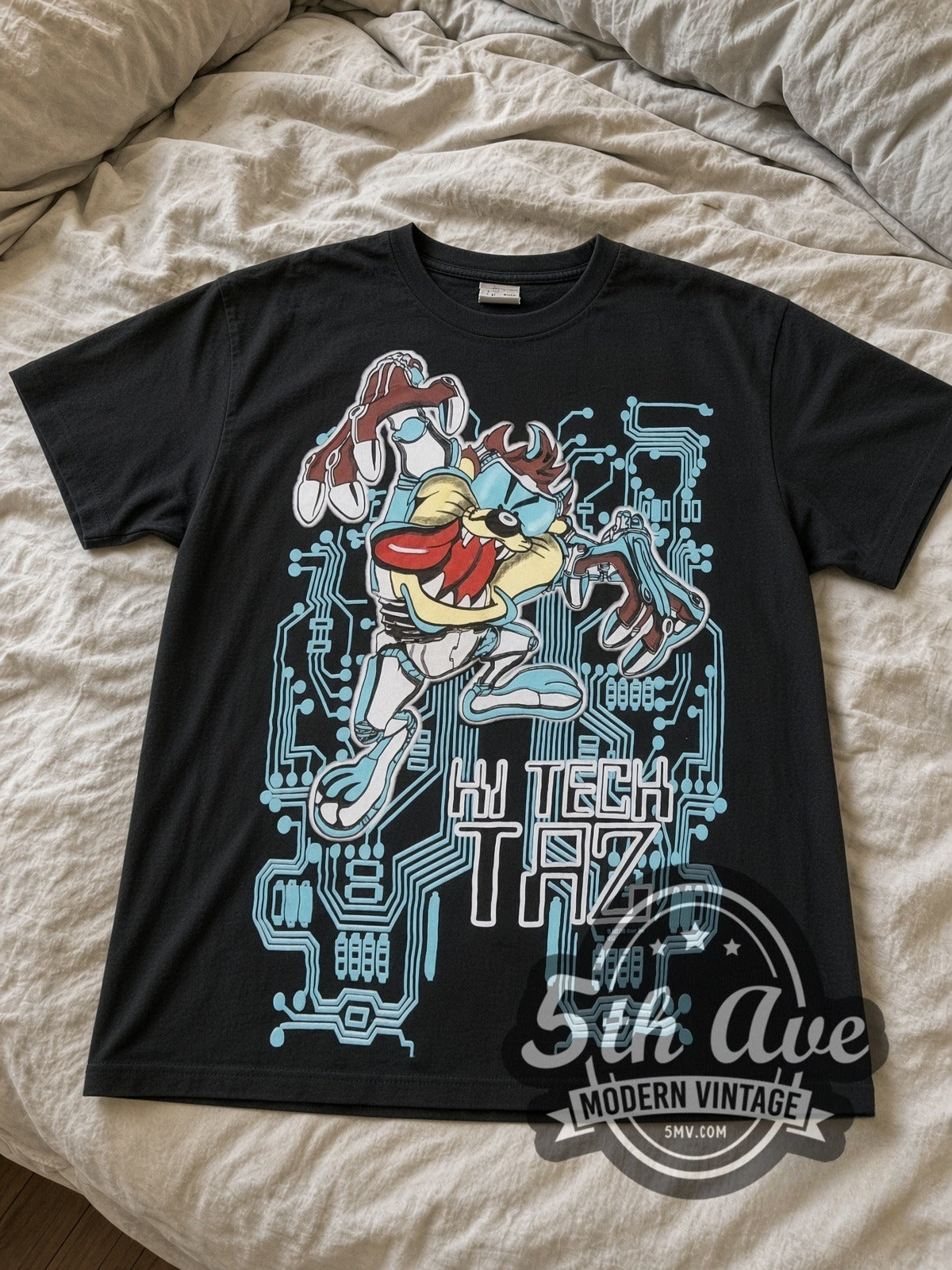 Looney Tunes Hi Tech Taz all-over-print vintage cartoon tee laid flat