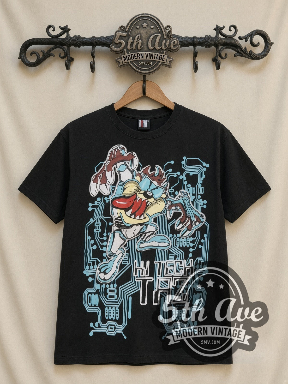 Looney Tunes Hi Tech Taz all-over-print vintage cartoon t-shirt, front view on a display rack