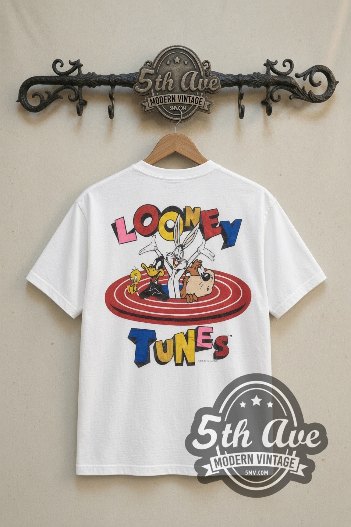 Looney Tunes Bullseye Target Bugs Taz Daffy cartoon tee in white, back view on a display rack