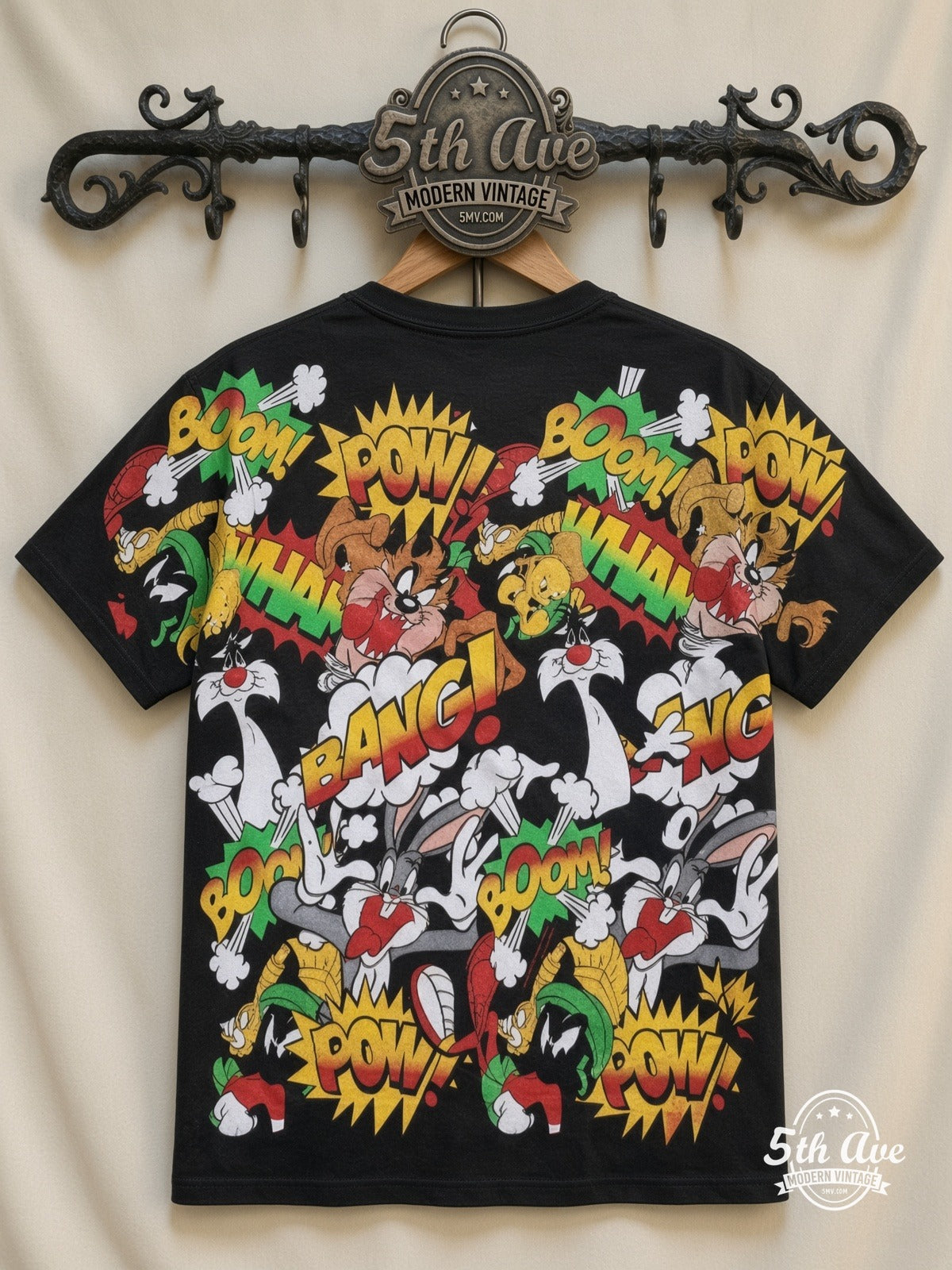Looney Tunes Comic POW BANG Action Collage all over print vintage tee back on cream 5th Ave rack
