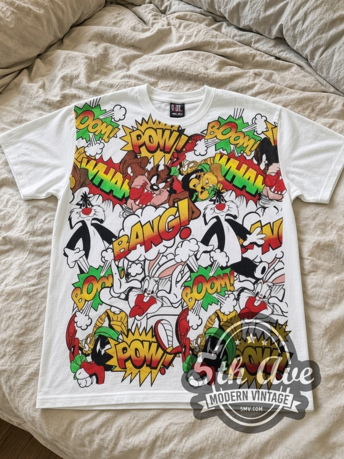 Looney Tunes Comic POW BANG Action Collage all-over-print vintage cartoon tee in white laid flat
