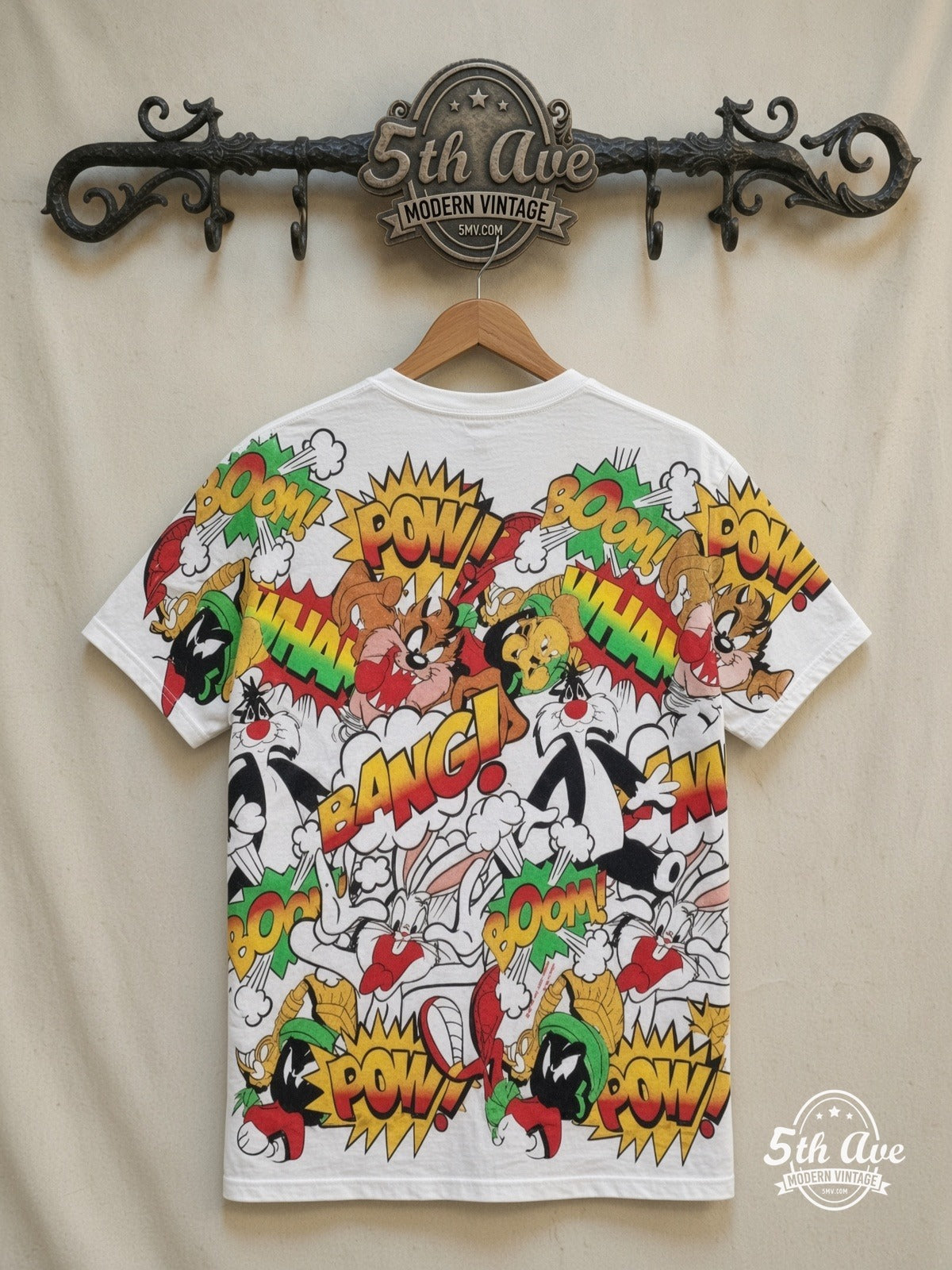 Looney Tunes Comic POW BANG Action Collage all over print vintage tee back on cream 5th Ave rack