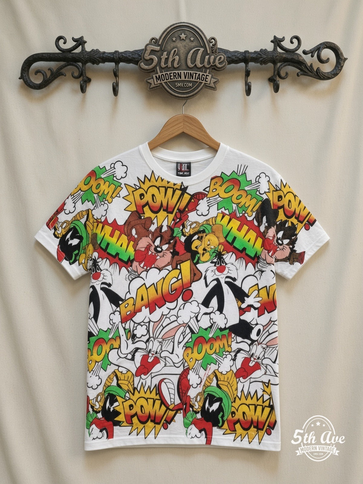 Looney Tunes Comic POW BANG Action Collage all over print vintage cartoon t-shirt front on cream 5th Ave rack