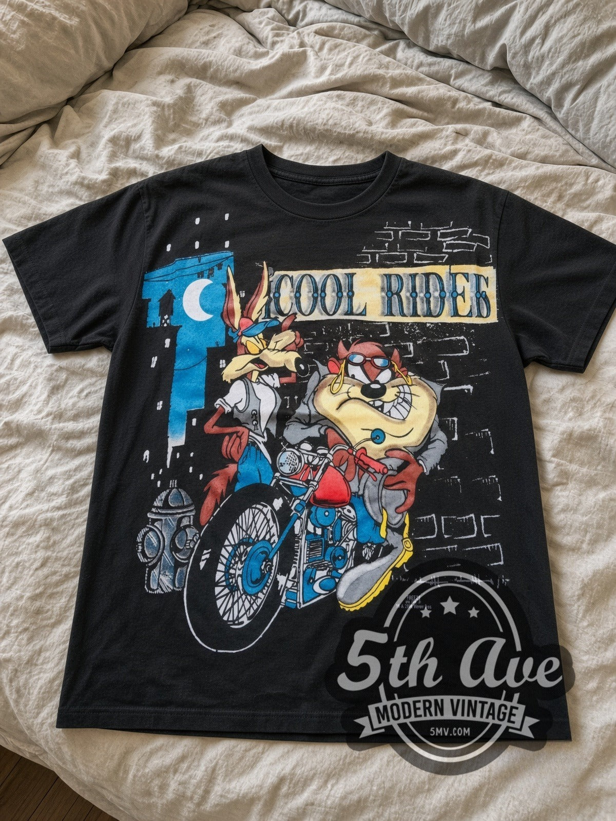 Looney Tunes Cool Riders Taz & Wile E all-over-print vintage cartoon tee in black laid flat