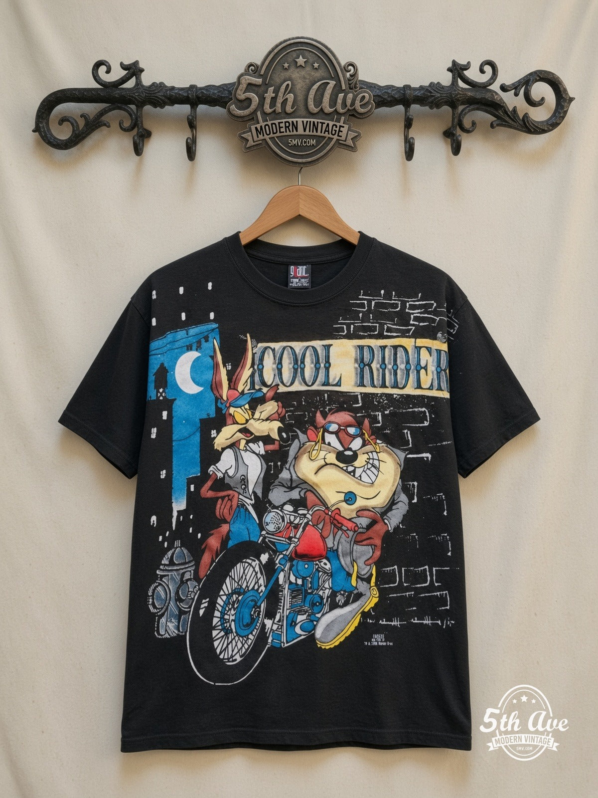 Looney Tunes Cool Riders Taz Wile E Motorcycle all over print vintage cartoon t-shirt front on cream 5th Ave rack