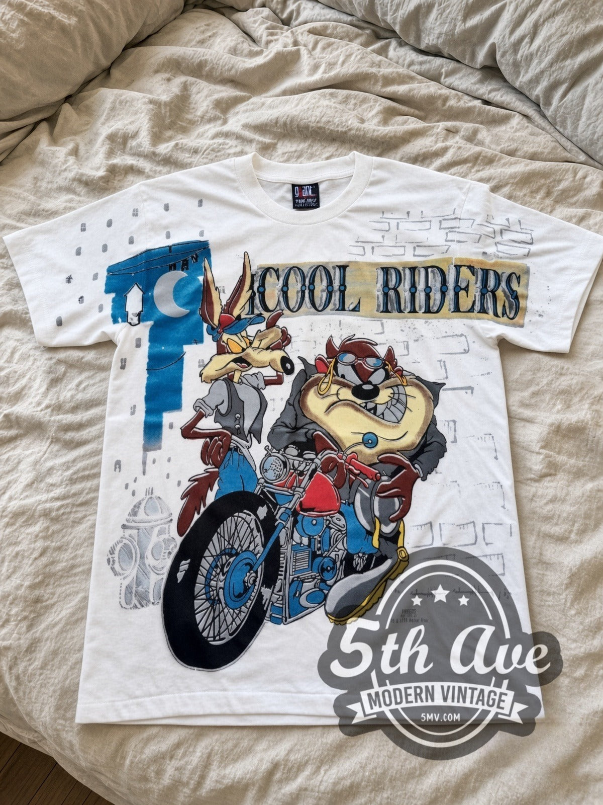Looney Tunes Cool Riders Taz & Wile E all-over-print vintage cartoon tee in white laid flat