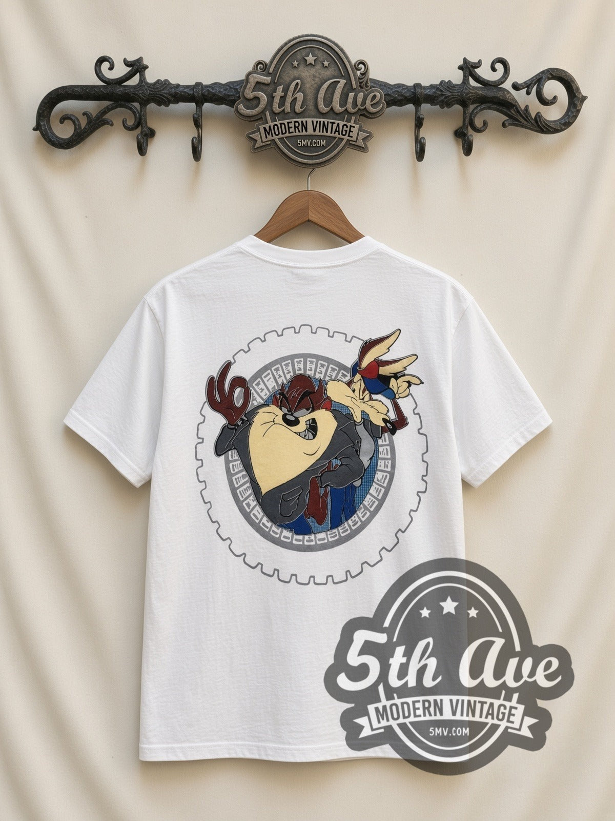 Looney Tunes Cool Riders Taz & Wile E all-over-print vintage cartoon t-shirt in white, back view on a display rack