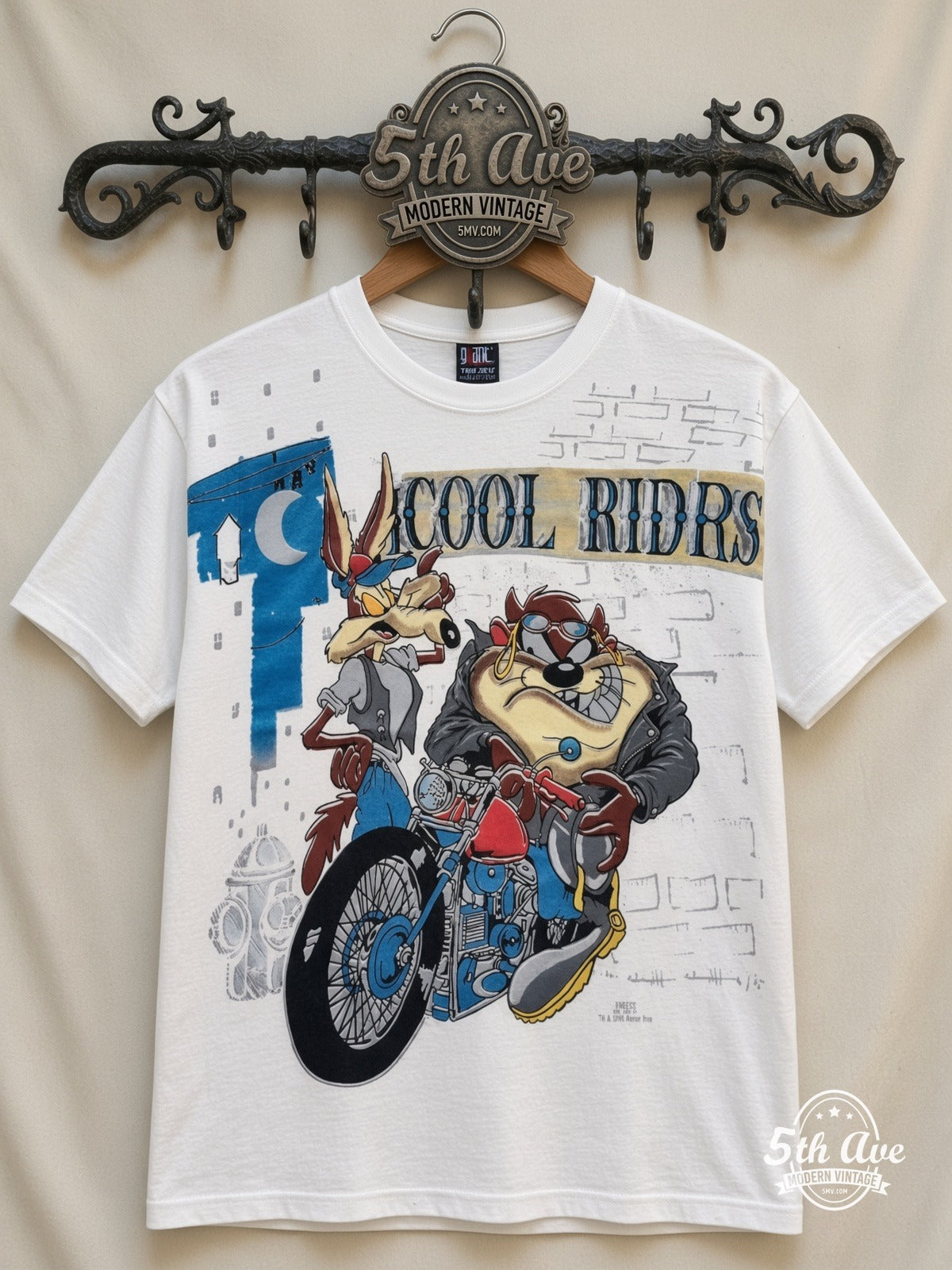 Looney Tunes Cool Riders Taz Wile E Motorcycle all over print vintage cartoon t-shirt front on cream 5th Ave rack