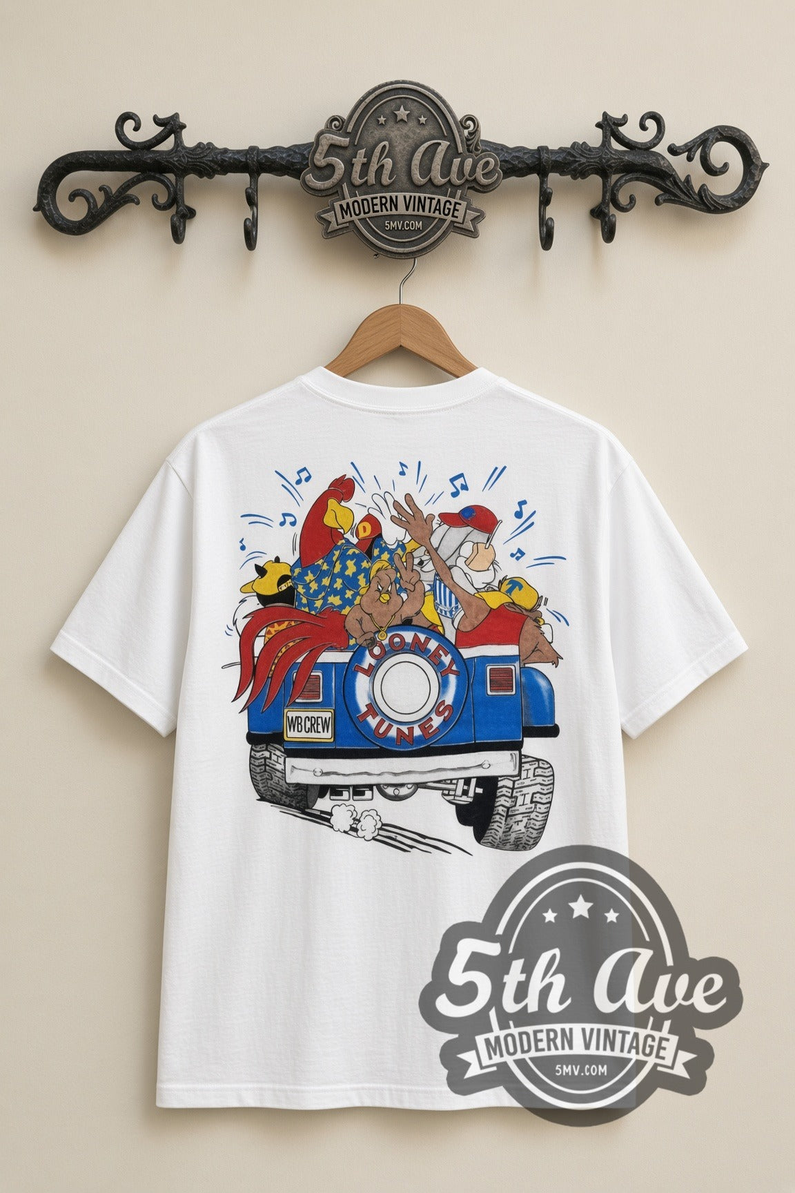 Looney Tunes Jeep Road Trip cartoon tee in white, back view on a display rack