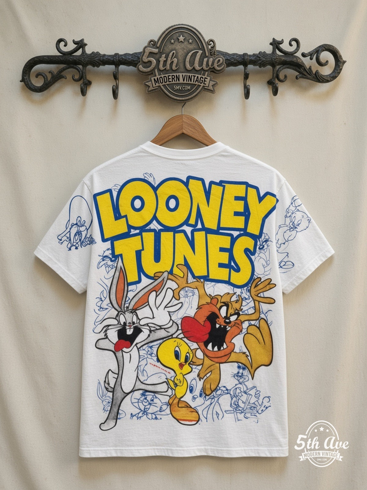 Looney Tunes Logo Bugs Tweety Taz Crew all over print vintage tee back on cream 5th Ave rack
