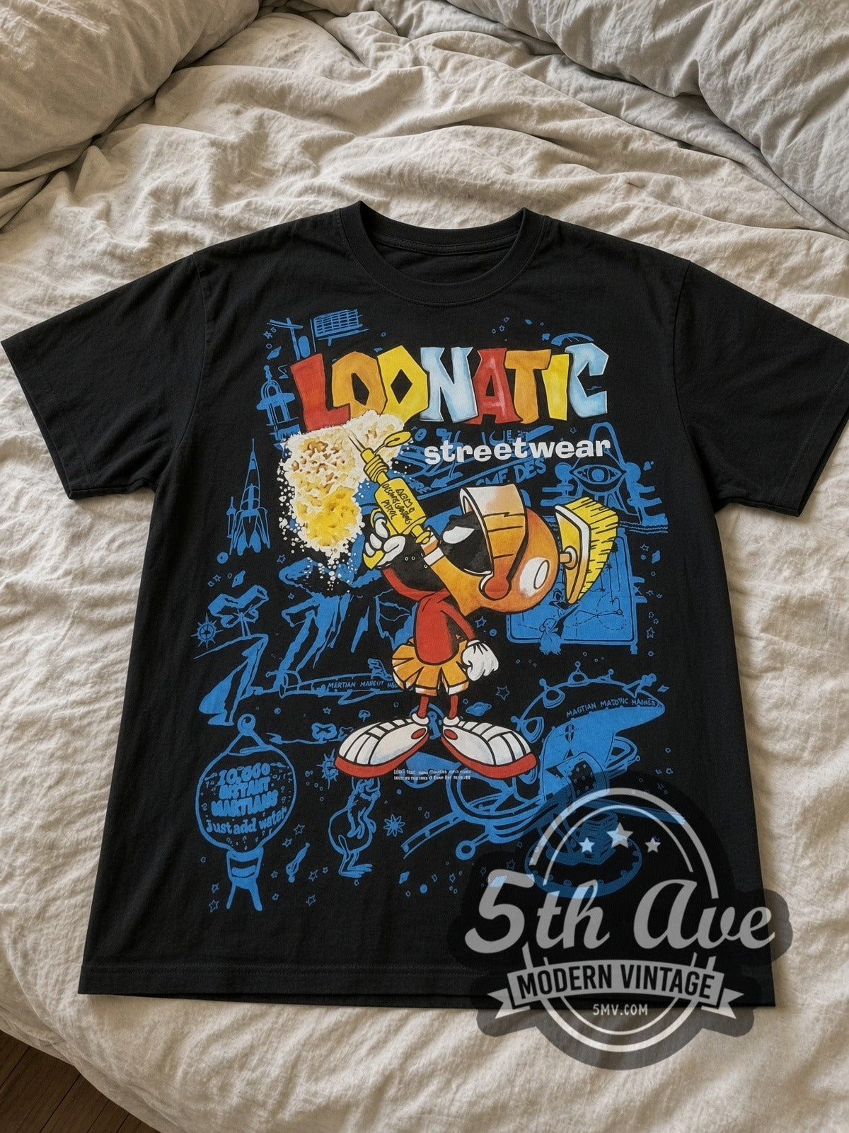 Looney Tunes Marvin Loonatic Streetwear Boombox all-over-print vintage cartoon tee laid flat