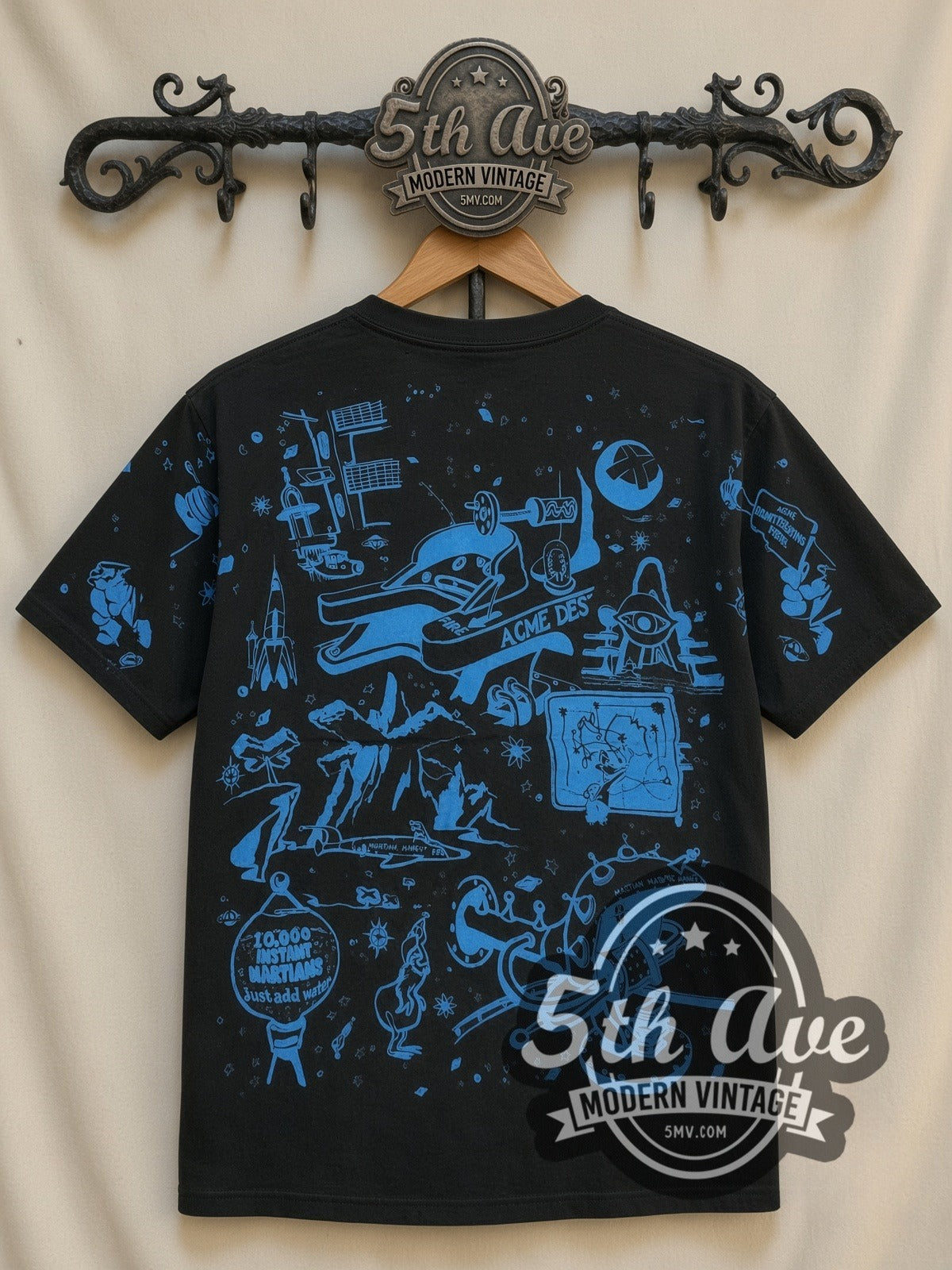 Looney Tunes Marvin Loonatic Streetwear Boombox all-over-print vintage cartoon t-shirt, back view on a display rack