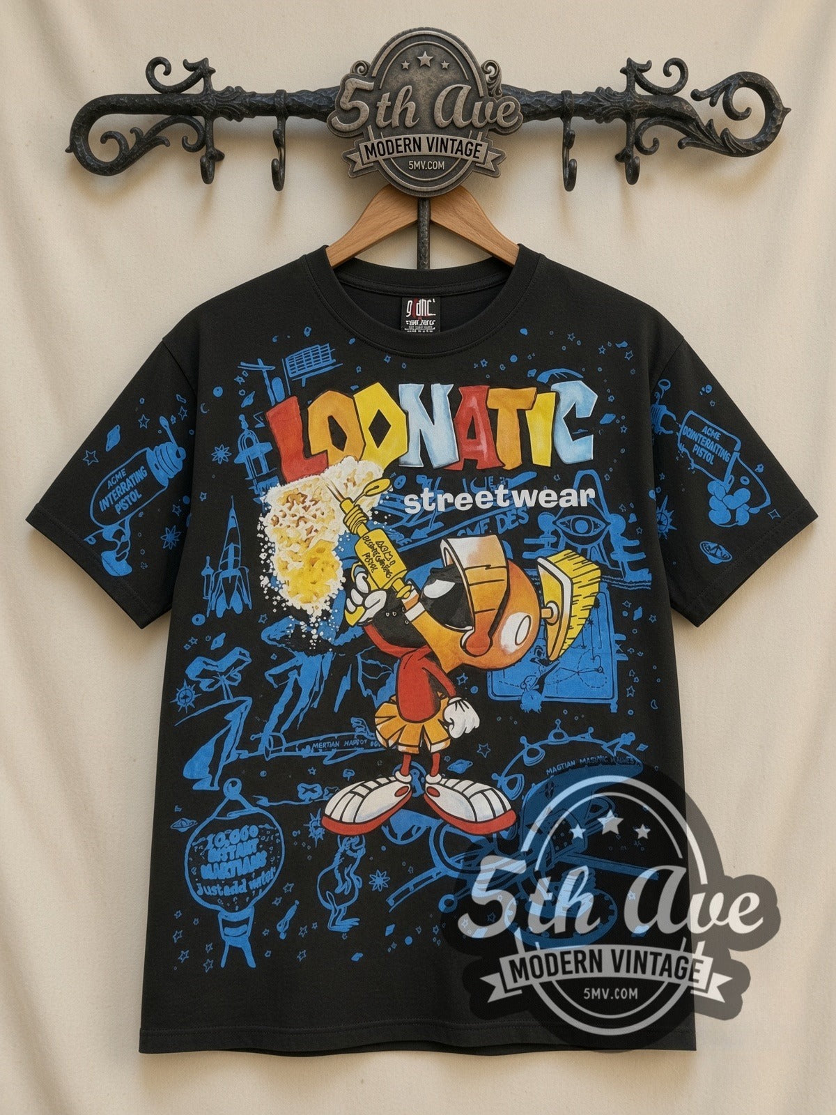 Looney Tunes Marvin Loonatic Streetwear Boombox all-over-print vintage cartoon t-shirt, front view on a display rack