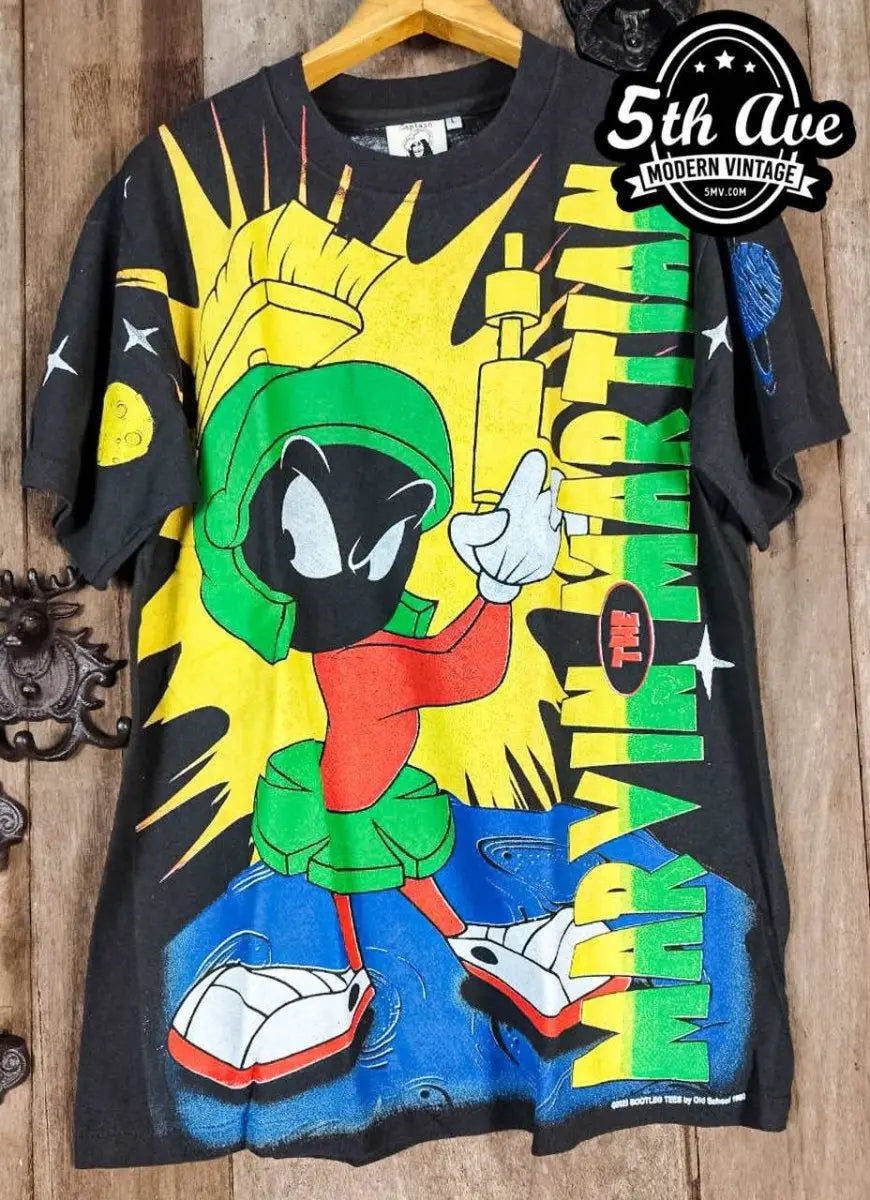 マービンザマーシャン（Marvin the Martian）Tシャツ 90年代 Marvin the Martian キャラクター総柄プリントTシャツ BLACK XL