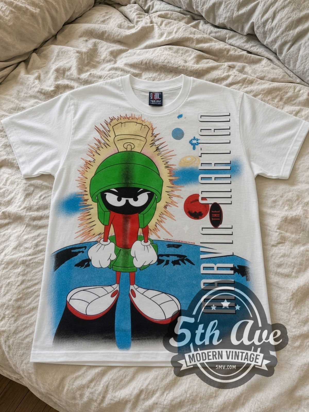 Looney Tunes Marvin the Martian Portrait all-over-print vintage cartoon tee in white laid flat