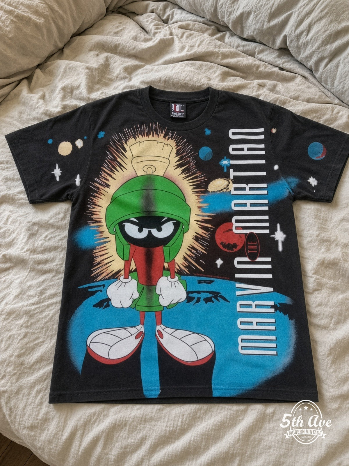 Looney Tunes Marvin the Martian Portrait vintage tee laid on bed