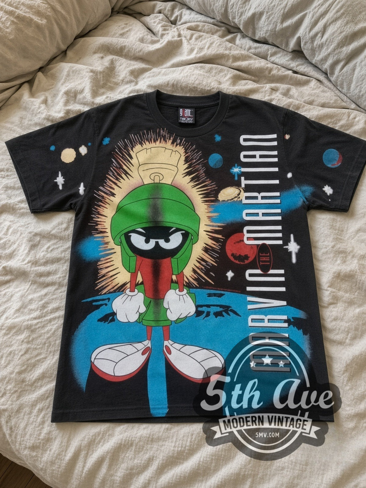 Looney Tunes Marvin the Martian Portrait all-over-print vintage cartoon tee in black laid flat